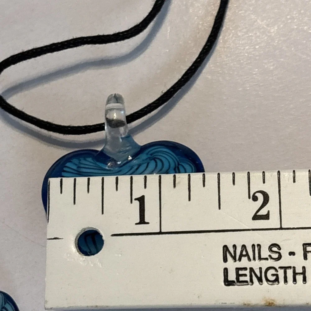 Blue Swirl Glass Heart Pendant Necklace on Leather Cord  & Earrings Murano Style